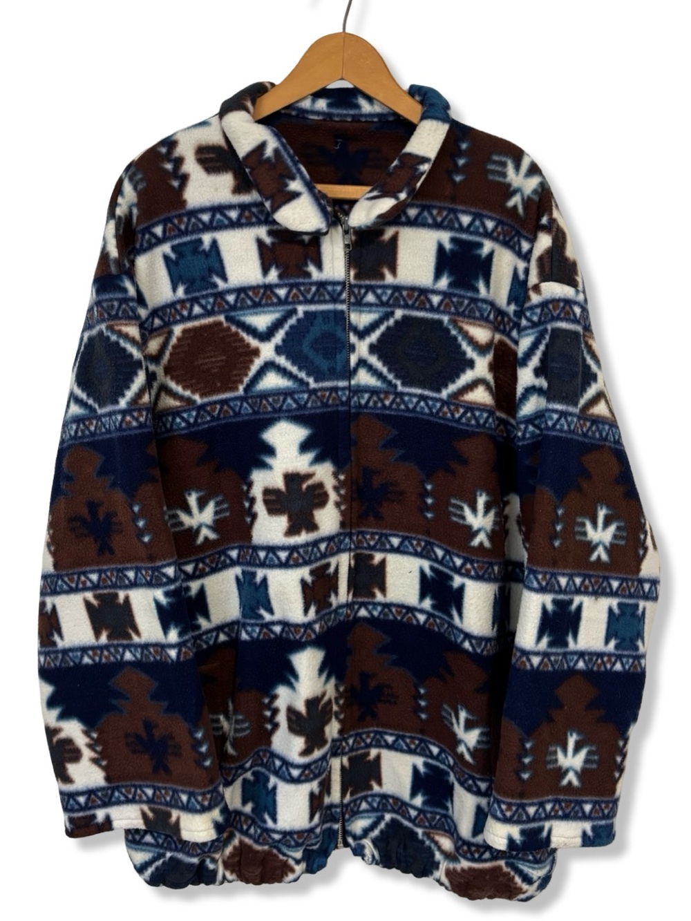 Vintage 90s Patterned Full-Zip Fleece Jacket - Blue, Brown, White